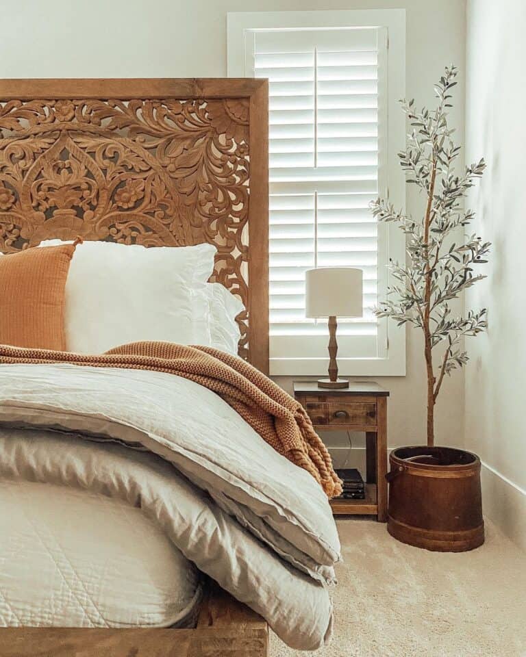 Wood Platform Bed with Wood Carved Headboard