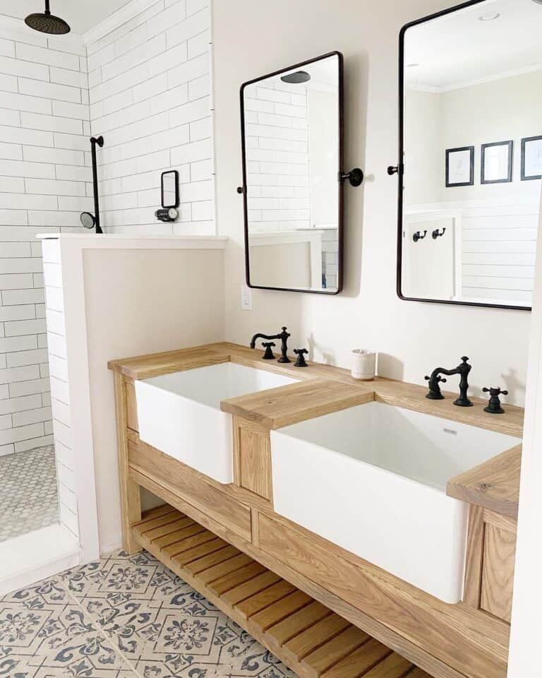 Wooden Apron Sink Vanity with Black Hardware