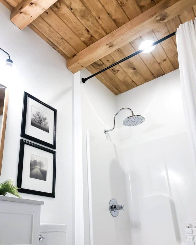 Wooden Ceiling in White Bathroom