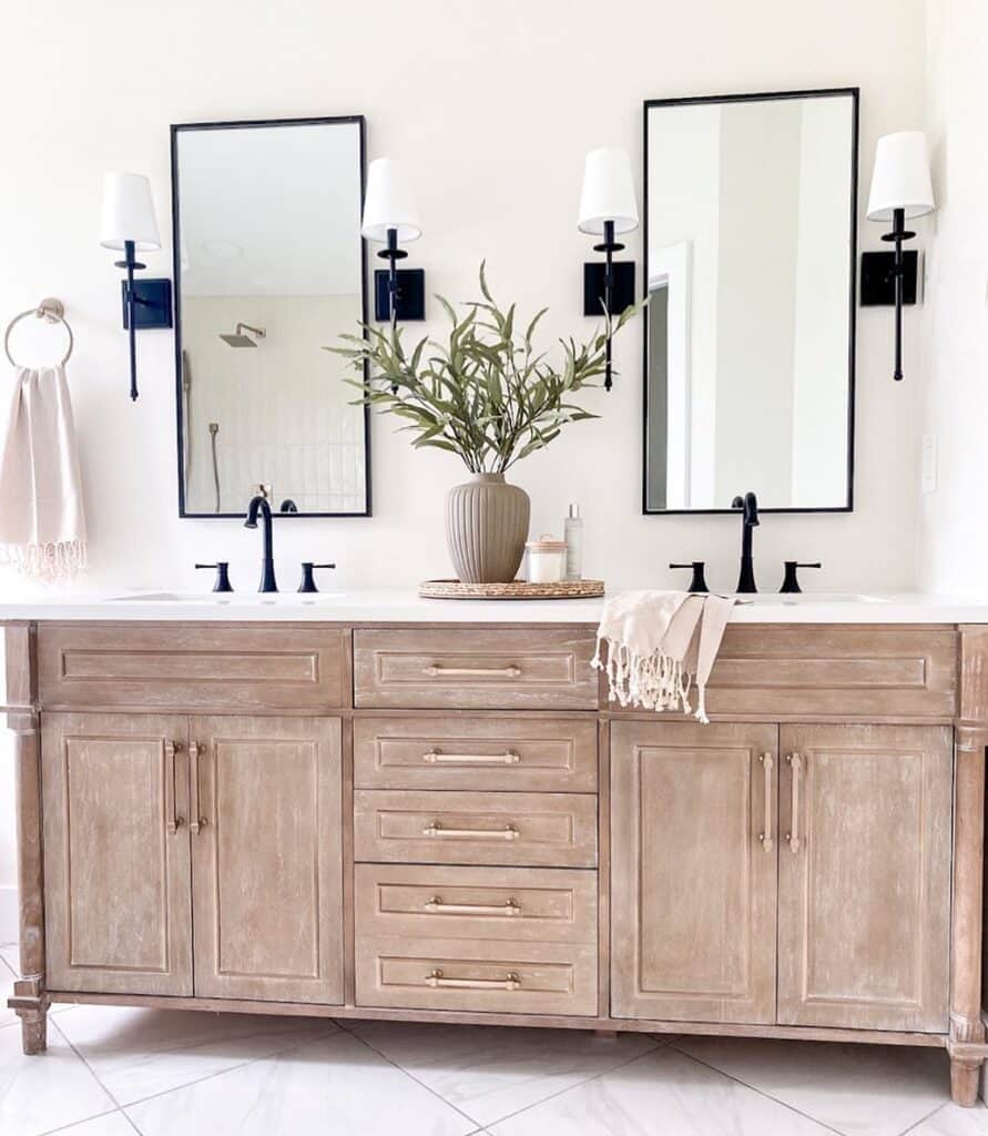 Wooden Double Vanity in Neutral Bathroom