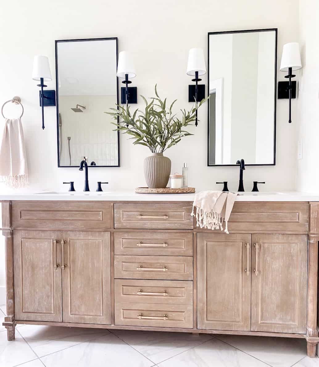Wooden Double Vanity in Neutral Bathroom - Soul & Lane