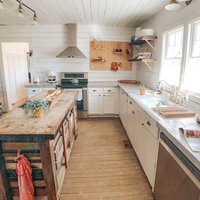 Wooden Open Shelving and Kitchen Island