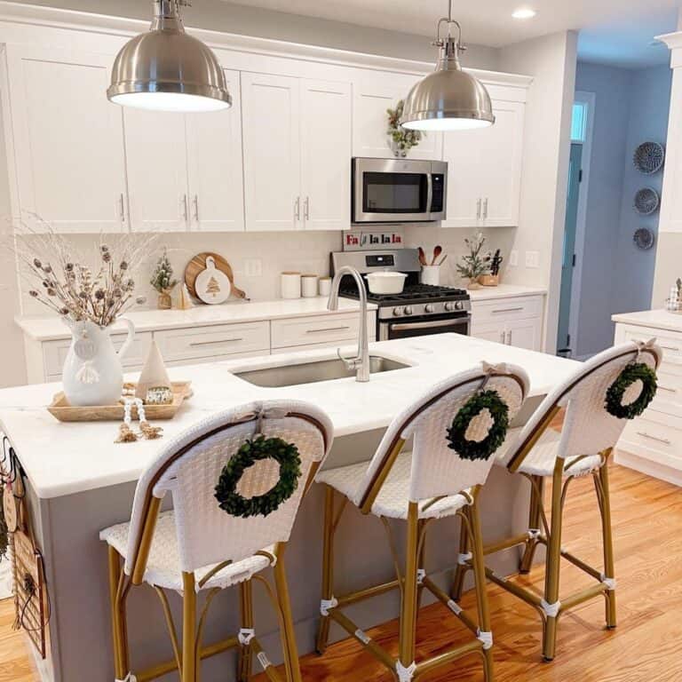Woven Counter Stools in Gray Island Kitchen