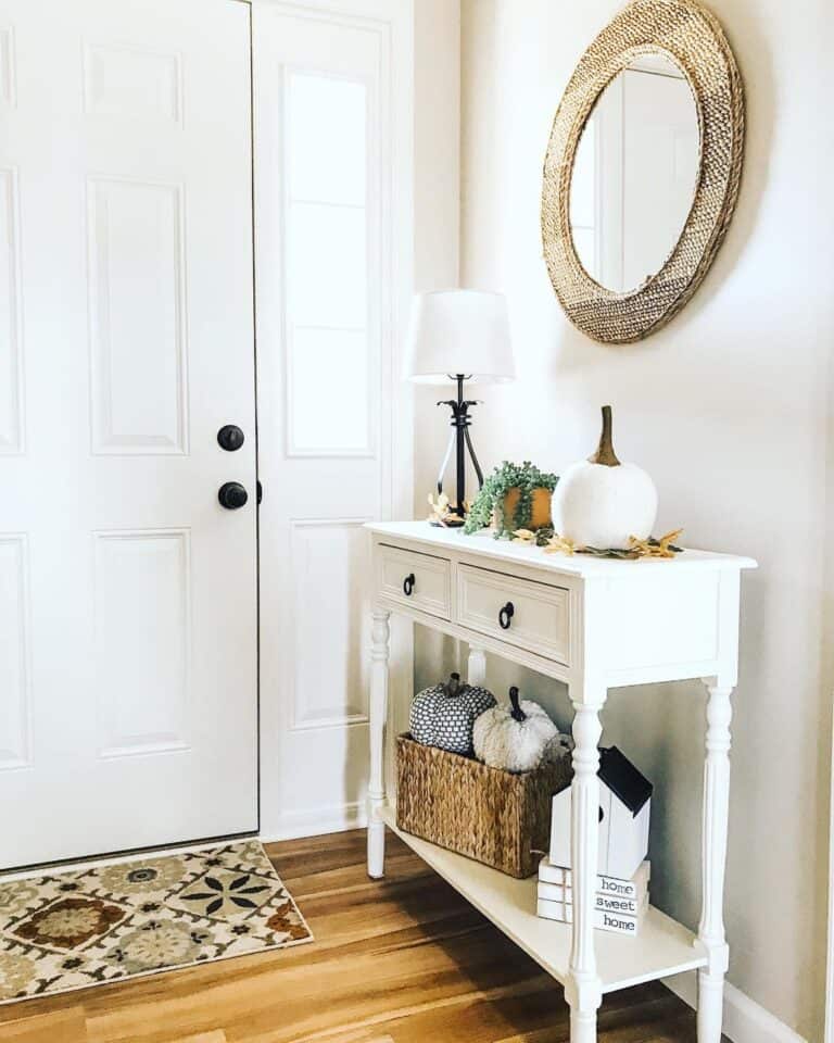 Woven Mirror and Sideboard with Fall Décor