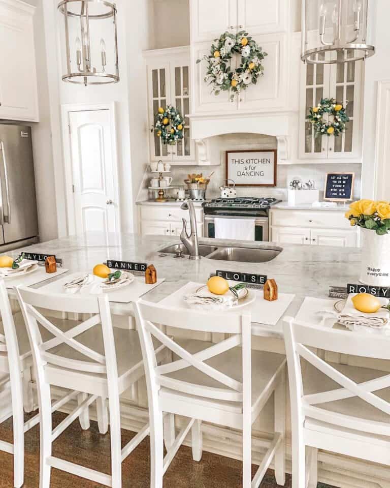 Yellow Accents in White Farmhouse Kitchen