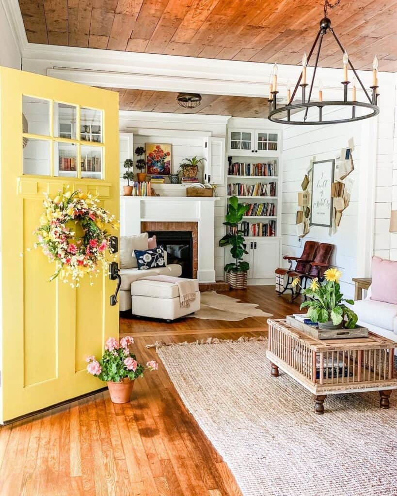 Yellow Craftsman-Style Door with Spring Wreath