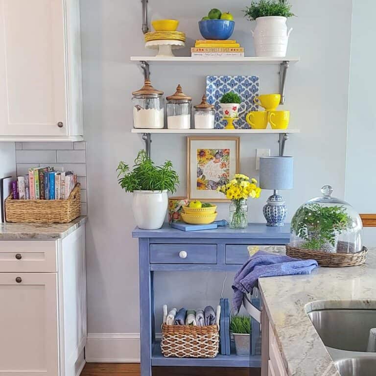 Yellow and Blue Kitchen Decor on White Floating Shelves
