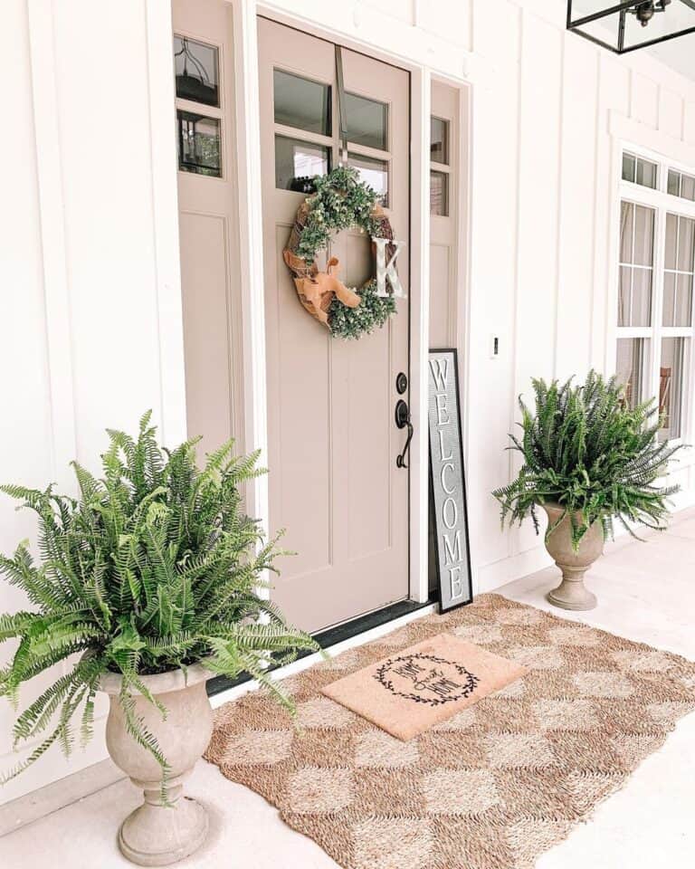 A Green Wreath on a Craftsman Front Door With Small Sidelight