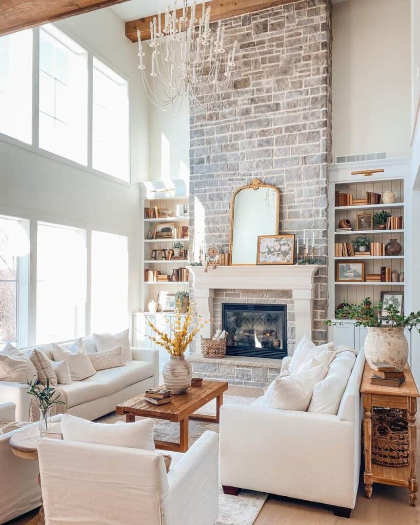 Airy Two-Story Space with Stone Overmantel