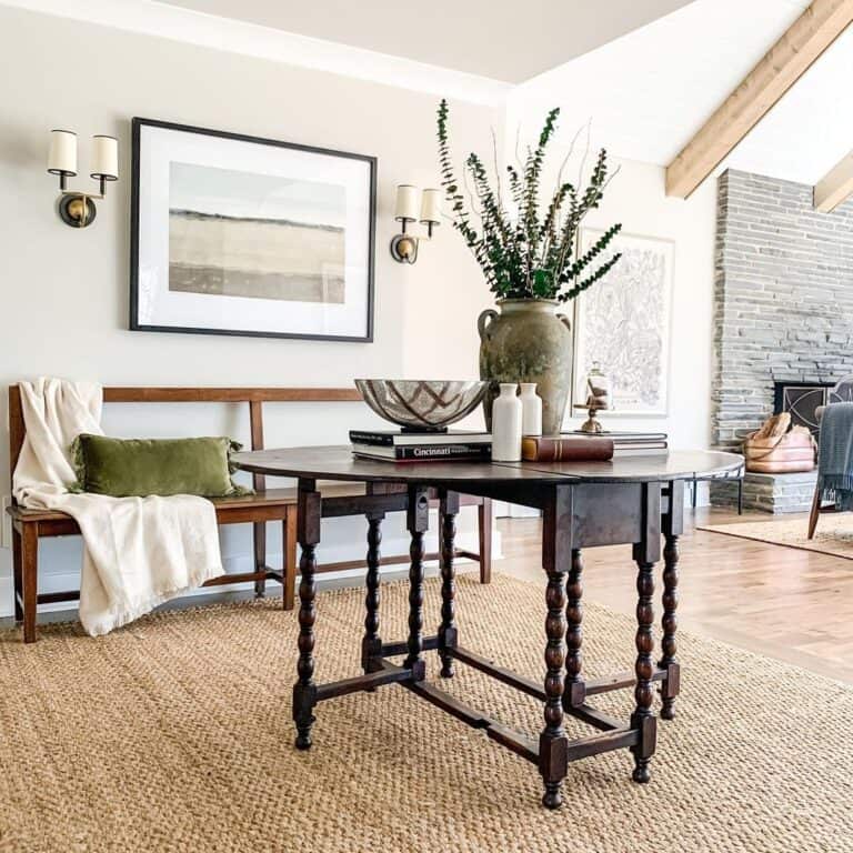 Antique Table and Wood Bench with Accessories