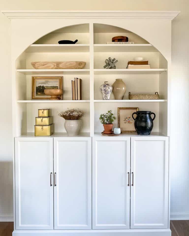 Arched White Shelving Unit with Cabinets