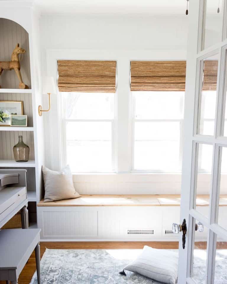 Bamboo Blinds Over Beadboard Window Bench