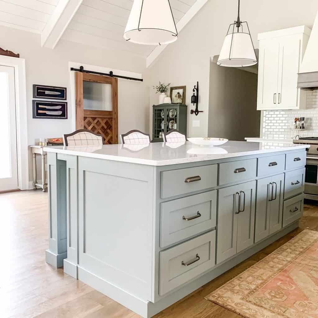 Barn Door in Light Blue Island Kitchen