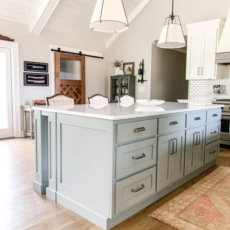 Barn Door in Light Blue Island Kitchen