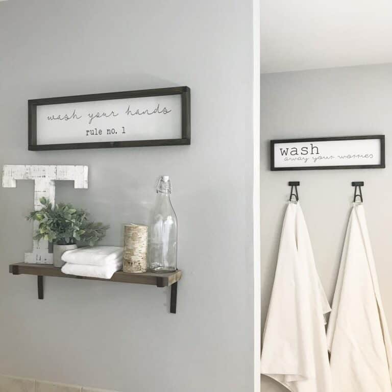 Bathroom Signs Decor with Accessorized Wood Shelf