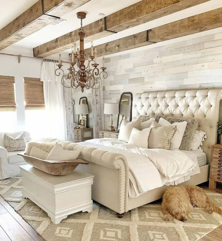 Beamed Ceiling Farmhouse Bedroom with Sleigh Bed