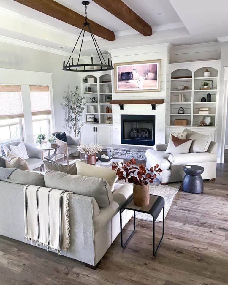 Beamed Living Room with Neutral Fall Decor