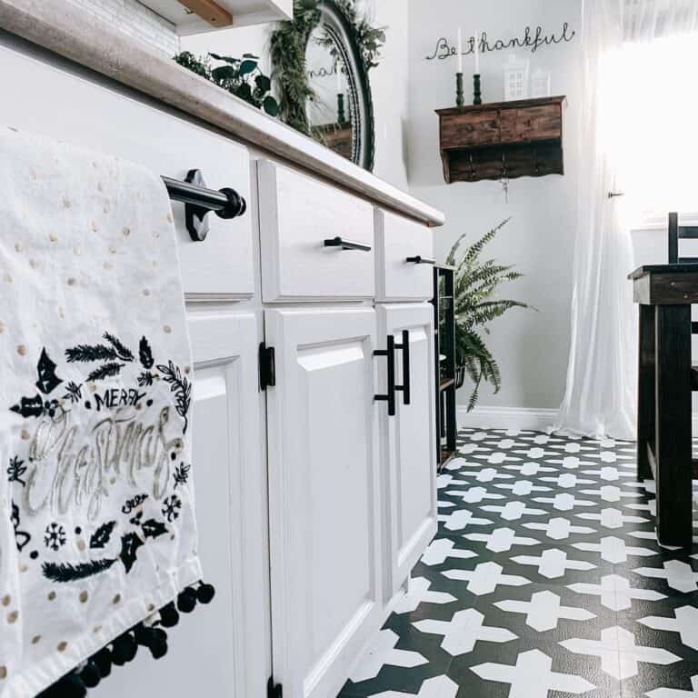 Beautiful Black and White Floor Tile and White Cabinets