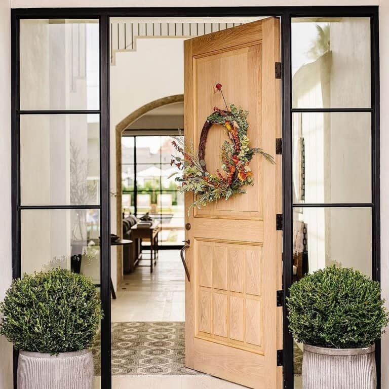 Beautiful Farmhouse Front Door With Black Sidelights