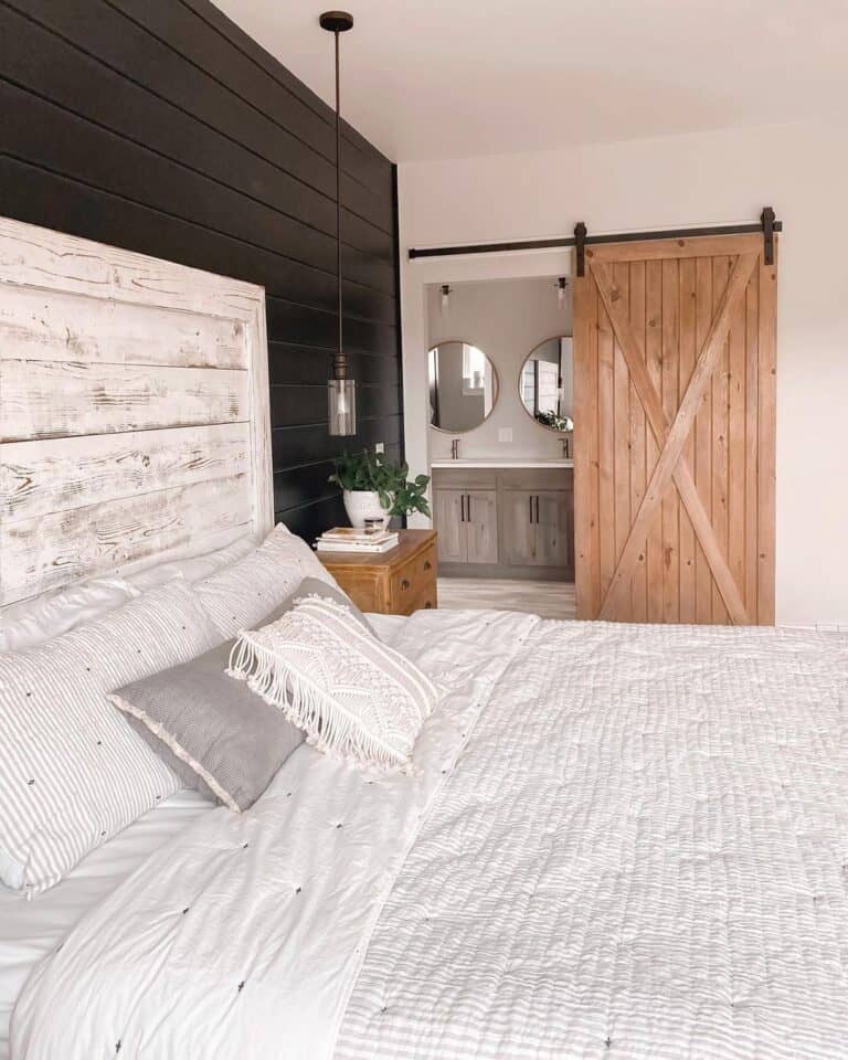 Bed with Rustic White Wood Headboard