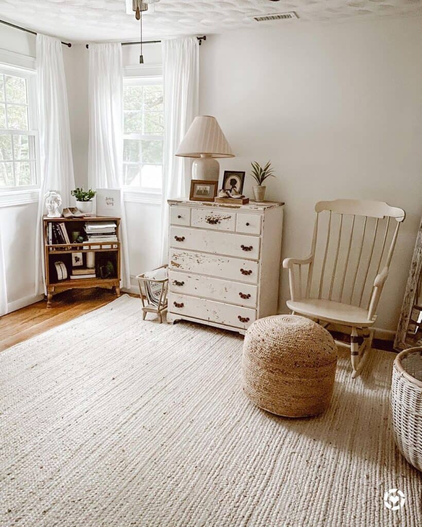 Bedroom with Rattan Ottoman and White Rocking Chair Soul & Lane