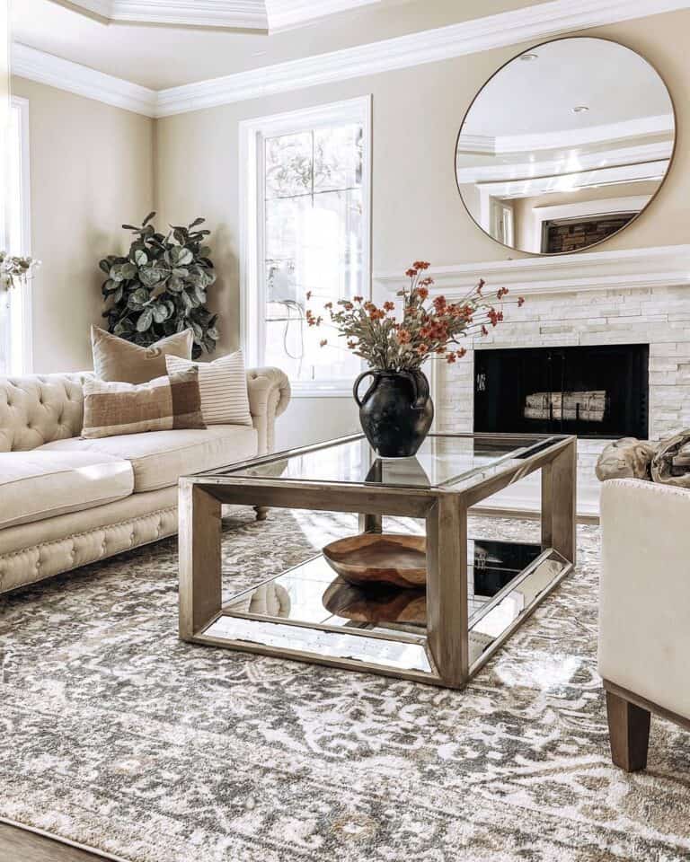 Beige Couch With Wood and Glass Coffee Table