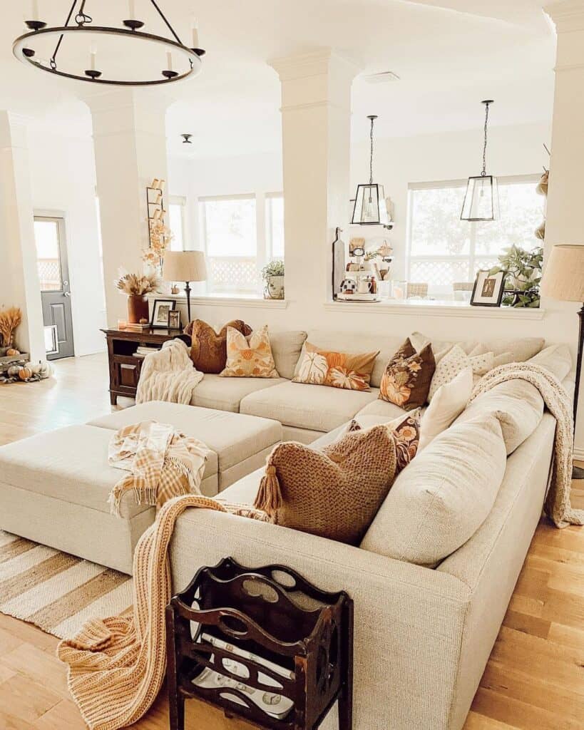 Beige Sectional with Fall Throw Pillows