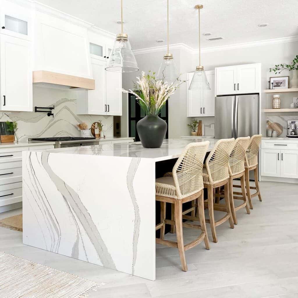 Beige Woven Chairs in White Kitchen