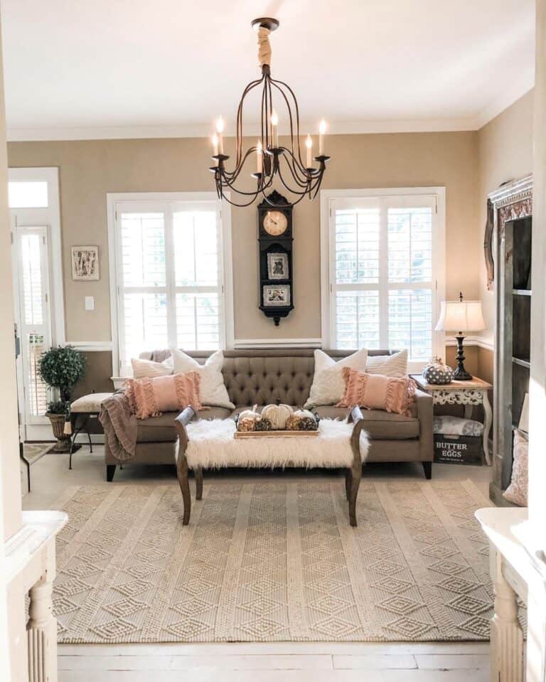 Beige and Black Farmhouse Living Room
