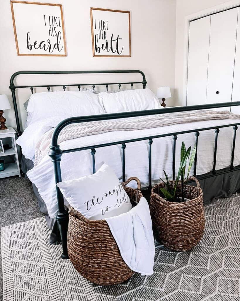 Black Bed Frame with Woven Baskets