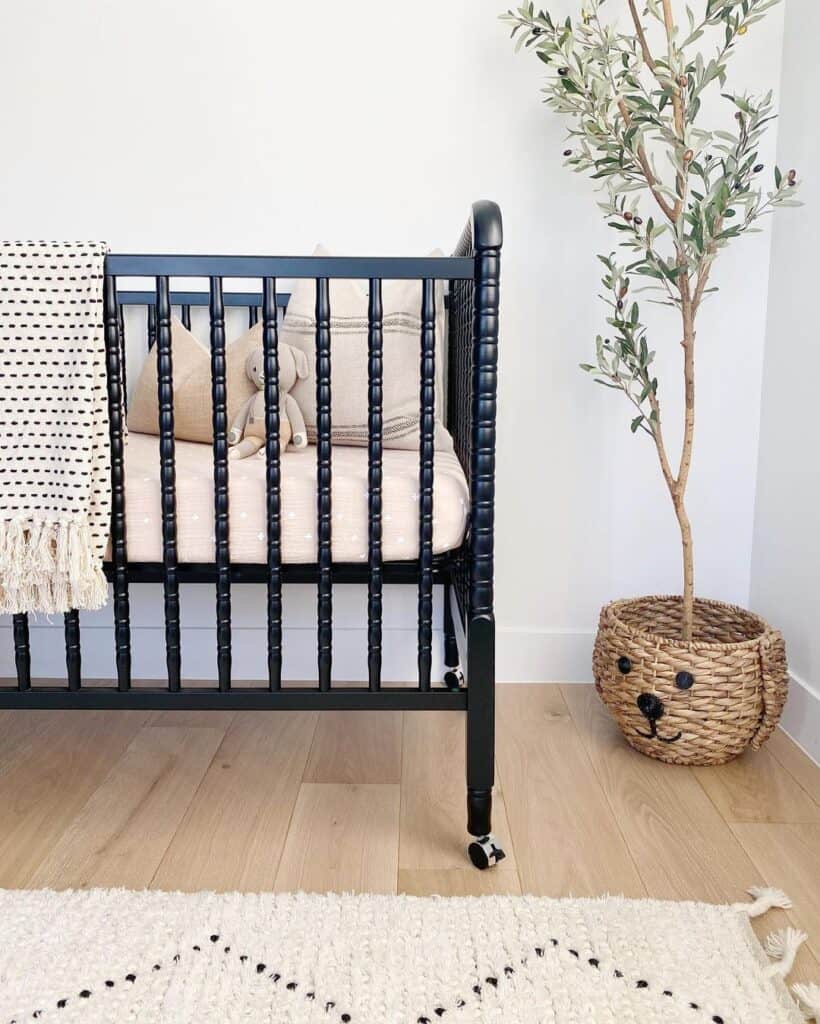 Black Crib with Wicker Bear Basket