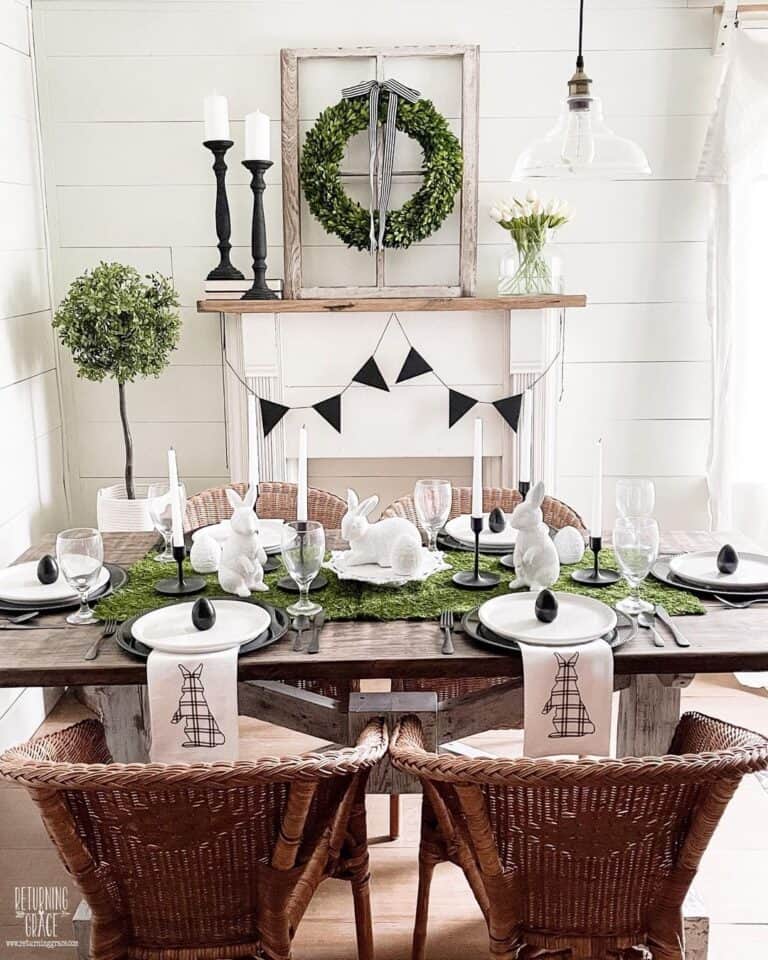 Black Eggs on a Black and White Table Setting