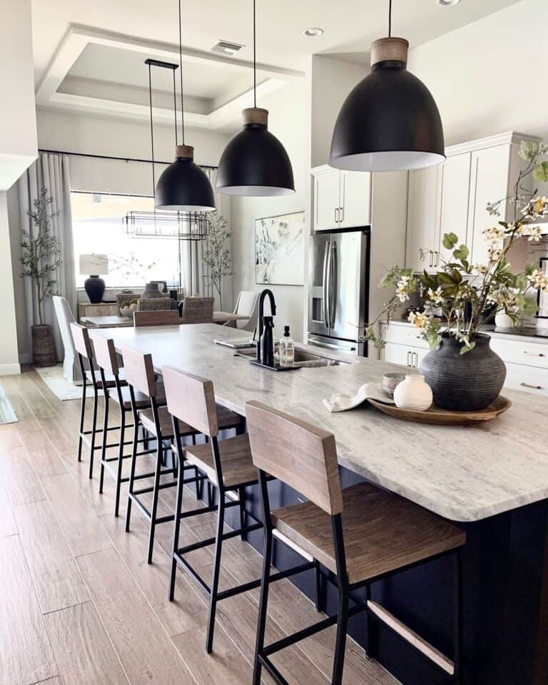 Black Kitchen Island and Dining Area