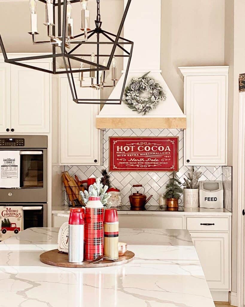 Black Lantern Lights Above Red Kitchen Decor