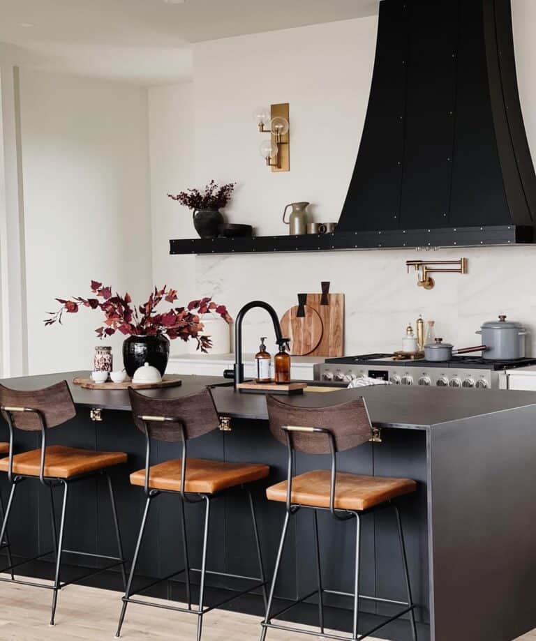 Black Waterfall Kitchen Island with Counter Stools