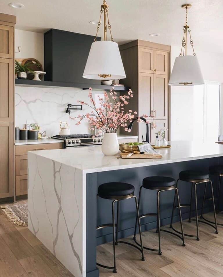 Black Waterfall Kitchen Island with Marble Countertop