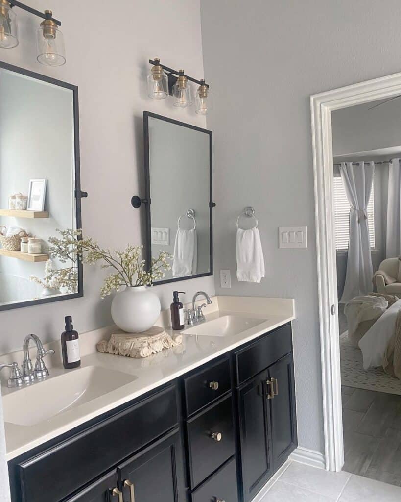 Black and White Bathroom Lighting Ideas with Brass Accents