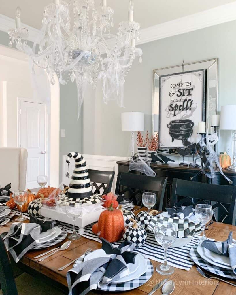 Black and White Centerpieces and Orange Pumpkins