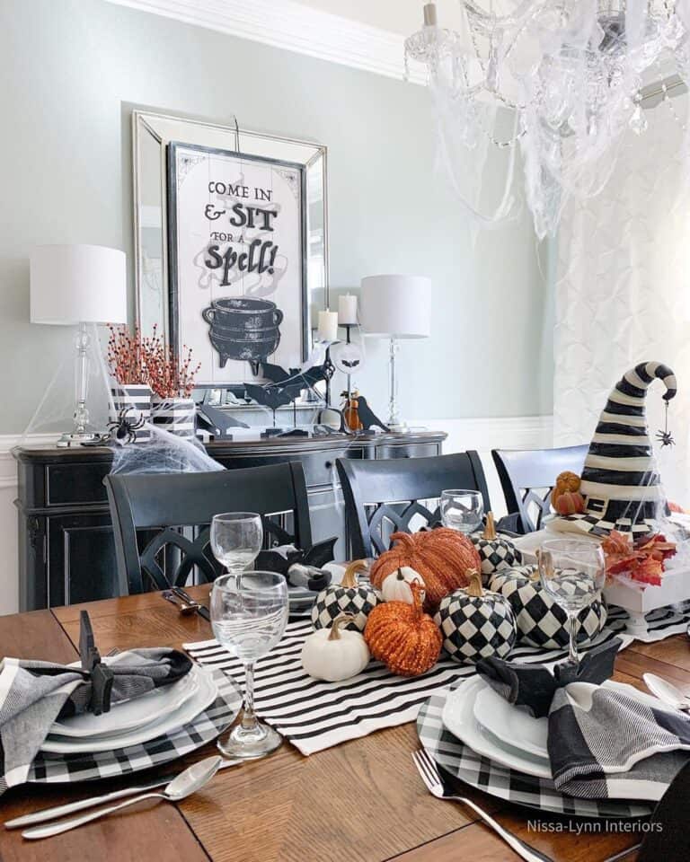 Black and White Dining Room with Halloween Decor