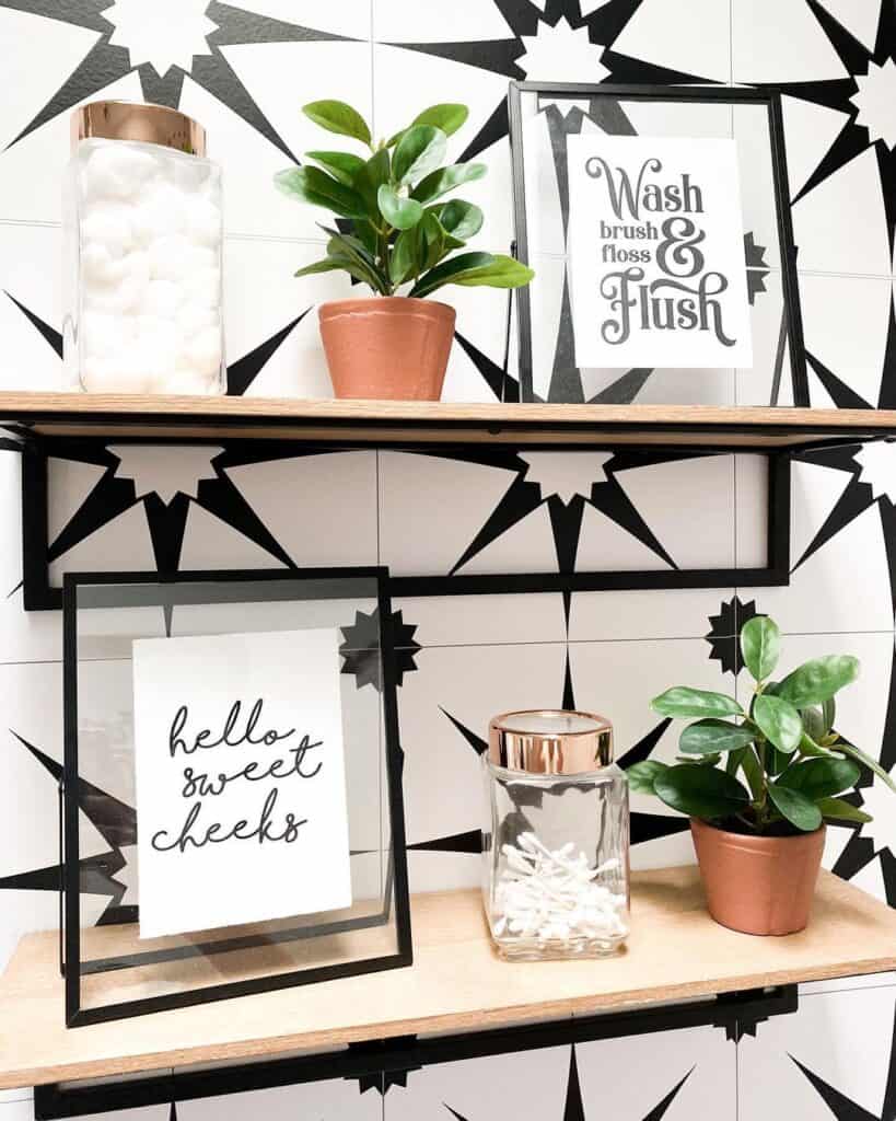 Black and White Mosaic Tile and Bathroom Signs