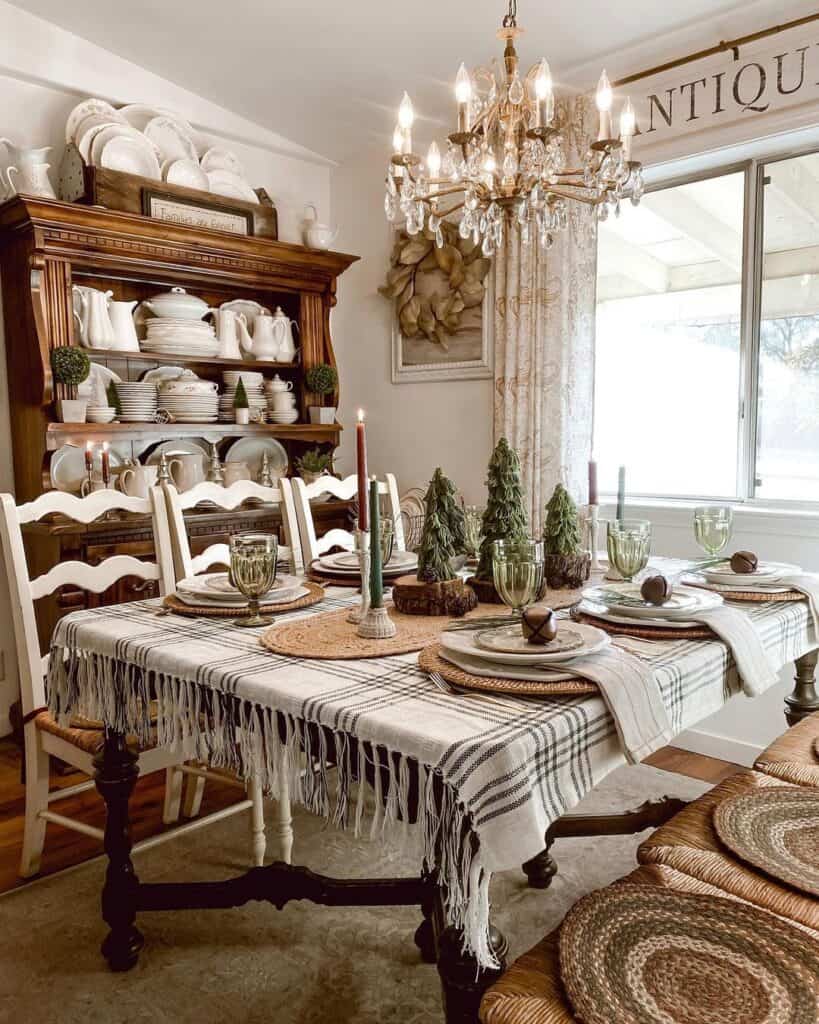 Black and White Plaid Dining Table with Christmas Tree Centerpieces