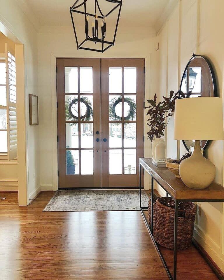 Black and Yellow Entryway with Wooden Doors