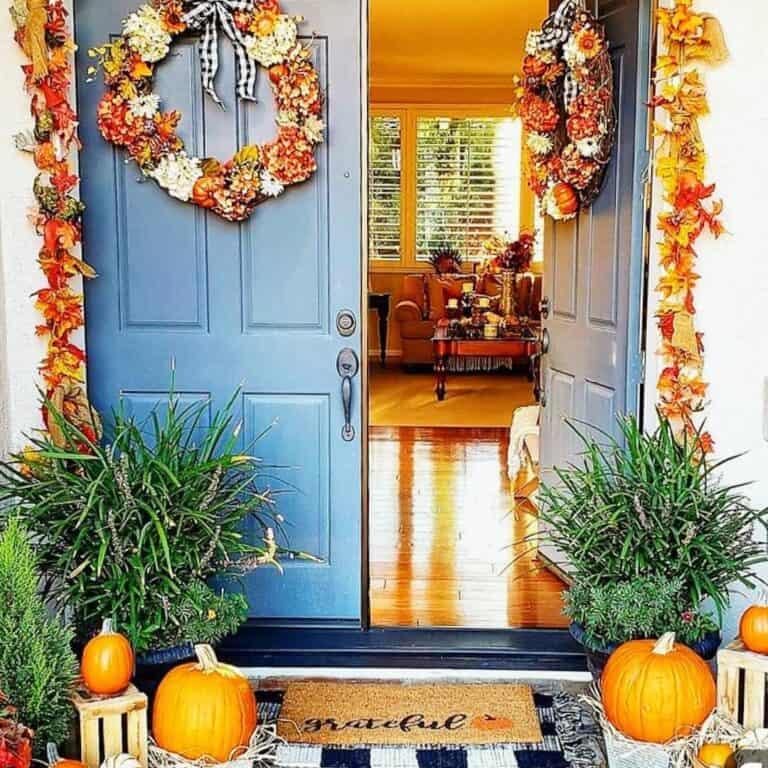 Blue French Doors with Fall Decor