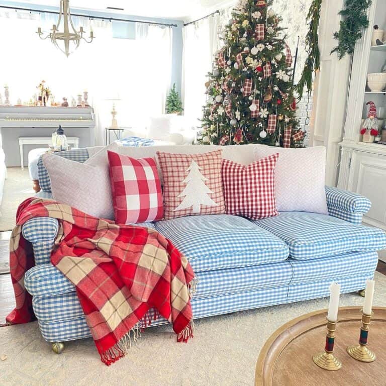 Blue Gingham Couch with Christmas Pillows