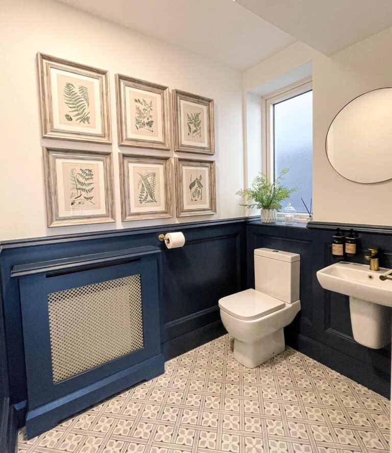Blue and Gray Bathroom Decorating Ideas with Gallery Wall