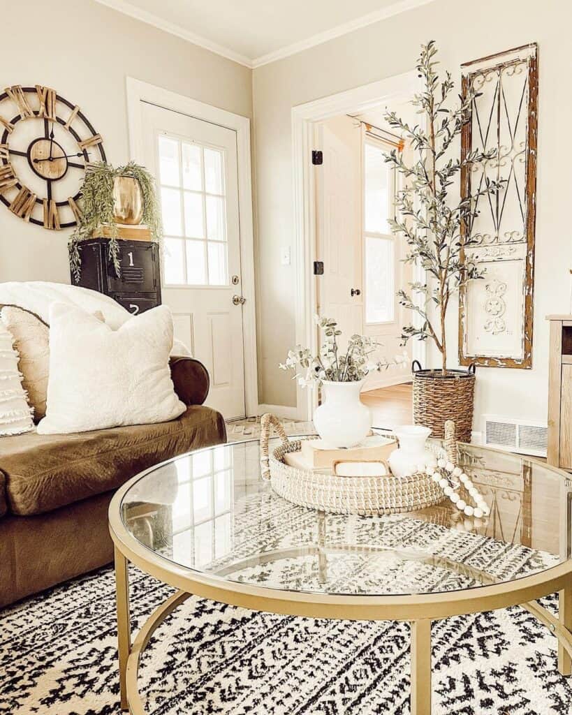 Brass and Glass Coffee Table on a Black and White Rug