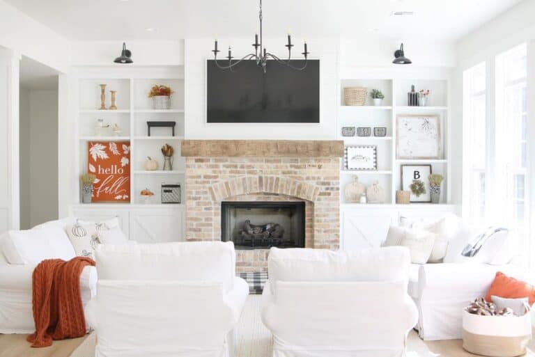 Brick Fireplace and Fall Shelf Accents