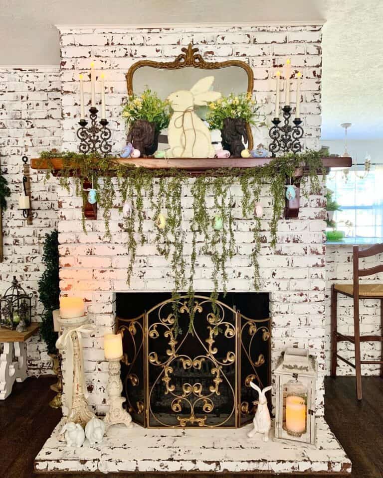 Brick Fireplace with Gold Antique Fireplace Gate