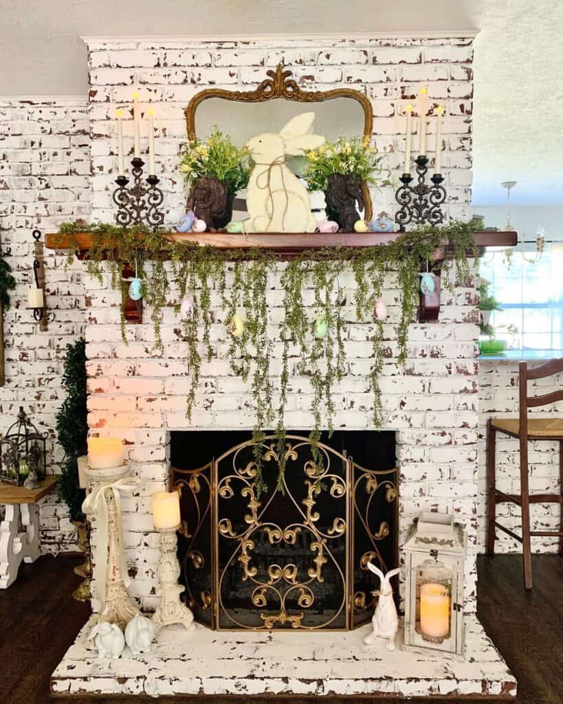 Brick Fireplace with Gold Antique Fireplace Gate