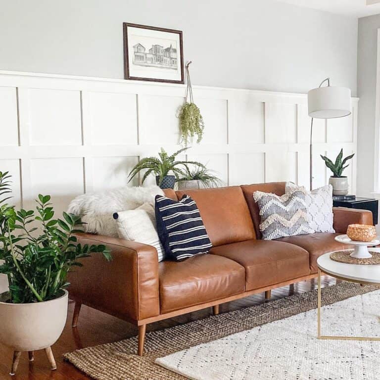 Brown Leather Farmhouse Couch in Living Room